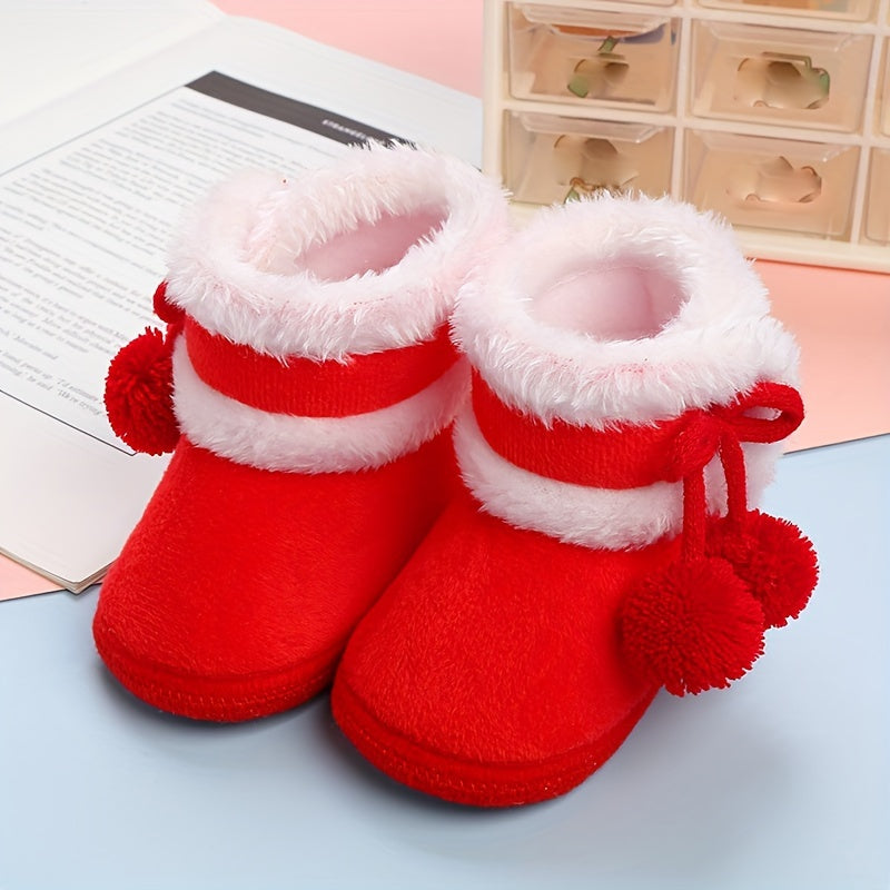 Cute Comfortable Solid Color Boots For Baby Girls, Soft Warm Plus Fleece Boots For Indoor Walking, Autumn And Winter