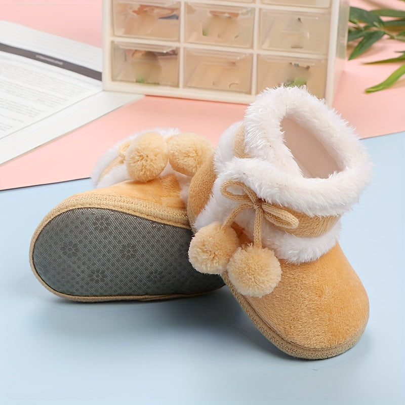 Cute Comfortable Solid Color Boots For Baby Girls, Soft Warm Plus Fleece Boots For Indoor Walking, Autumn And Winter