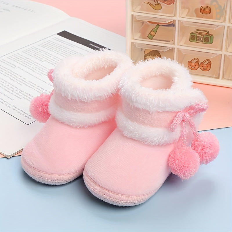 Cute Comfortable Solid Color Boots For Baby Girls, Soft Warm Plus Fleece Boots For Indoor Walking, Autumn And Winter