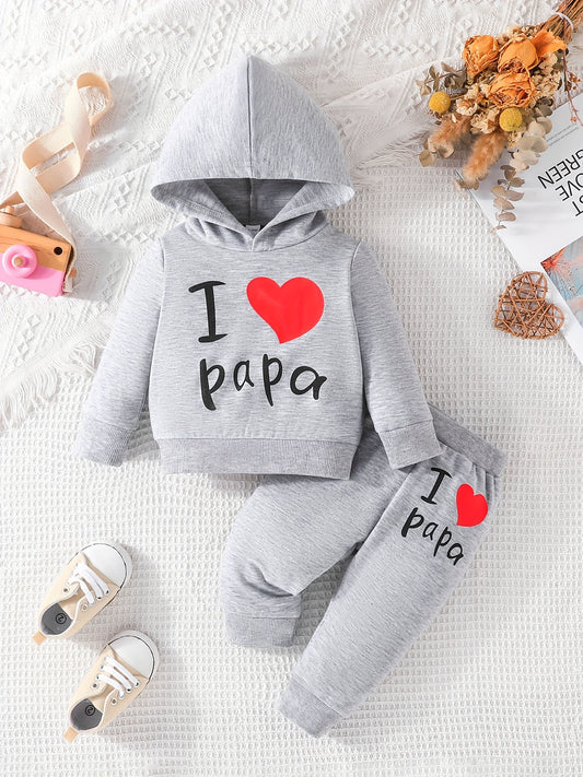 Baby Girls Cute Letter Of Love Print Hooded Sweatshirt Trousers Set For Spring And Autumn