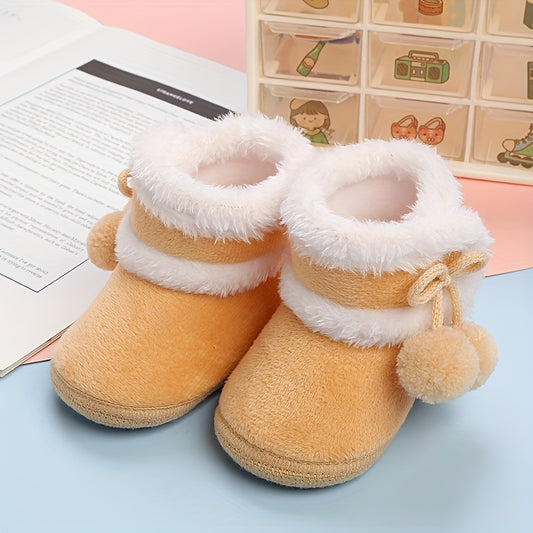 Cute Comfortable Solid Color Boots For Baby Girls, Soft Warm Plus Fleece Boots For Indoor Walking, Autumn And Winter