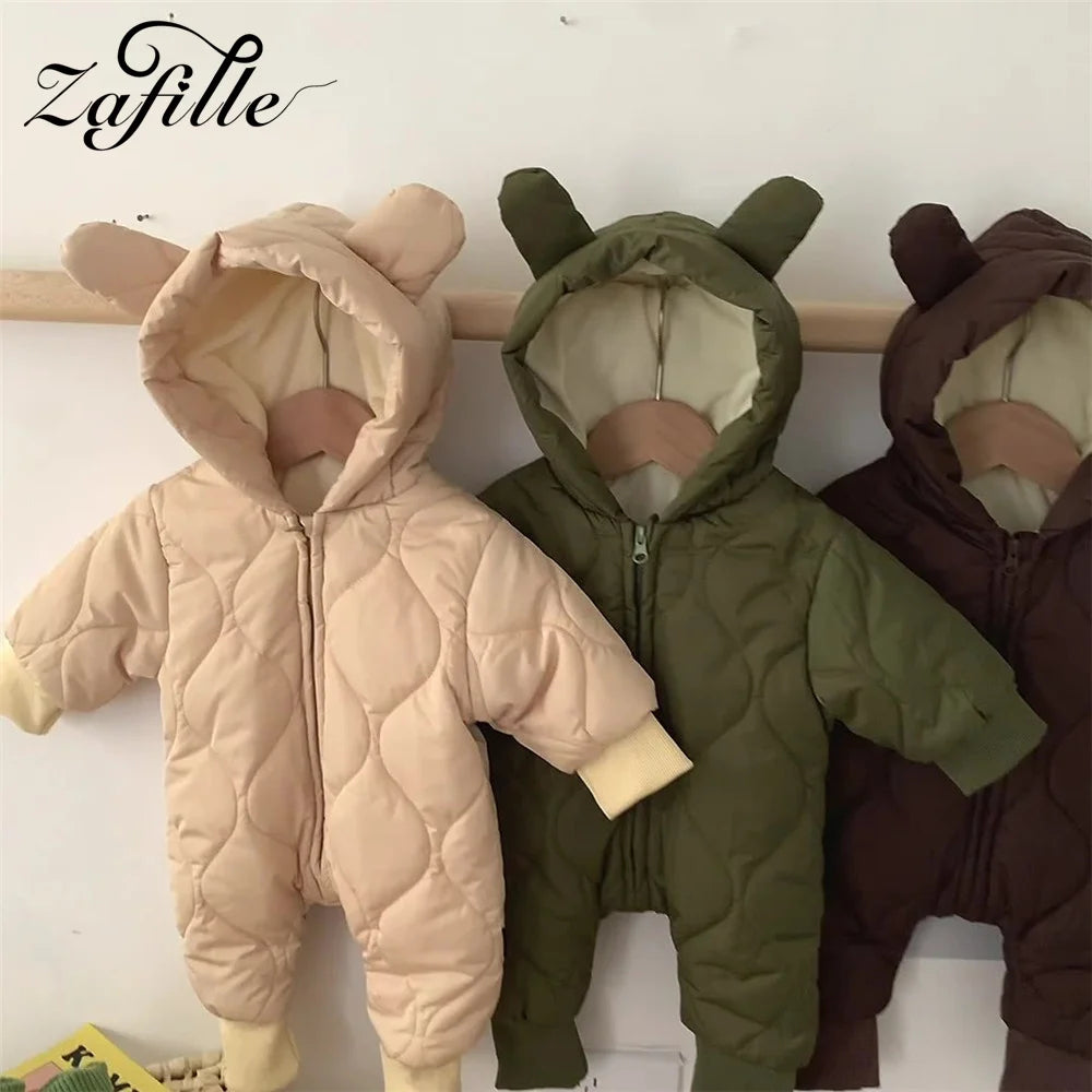 ZAFILLE Winter Thickened Newborn Playsuits Plush Overalls For Children's Clothing Hooded Outwear Solid Warm Toddler Baby Clothes