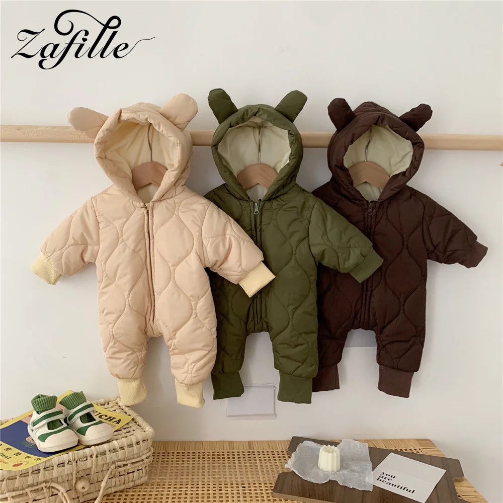 ZAFILLE Winter Thickened Newborn Playsuits Plush Overalls For Children's Clothing Hooded Outwear Solid Warm Toddler Baby Clothes