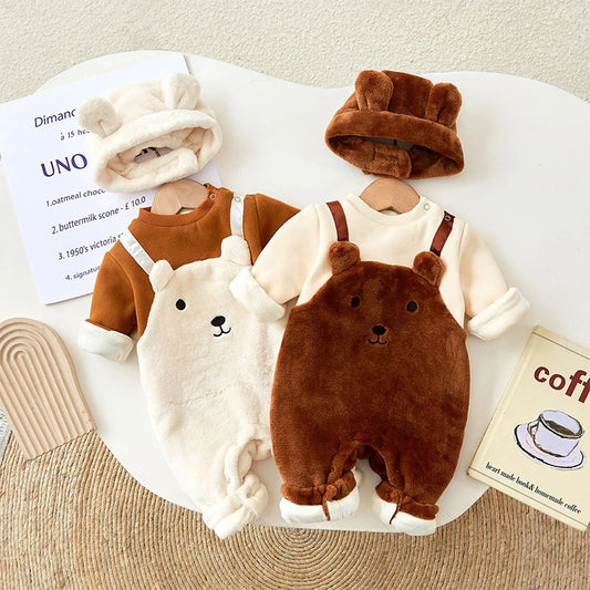 Baby Bear Rompers New Winter Toddler Loose Fleece Cute Jumpsuit Infant Outfit with Hat 2 PCS