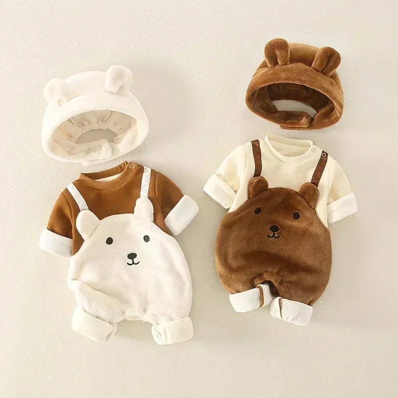 Winter Newborn Baby Clothes Plush Warm Strap jumpsuits Cute Bear Baby Girls Boys Romper Korean Style Long-sleeved Toddler Sets