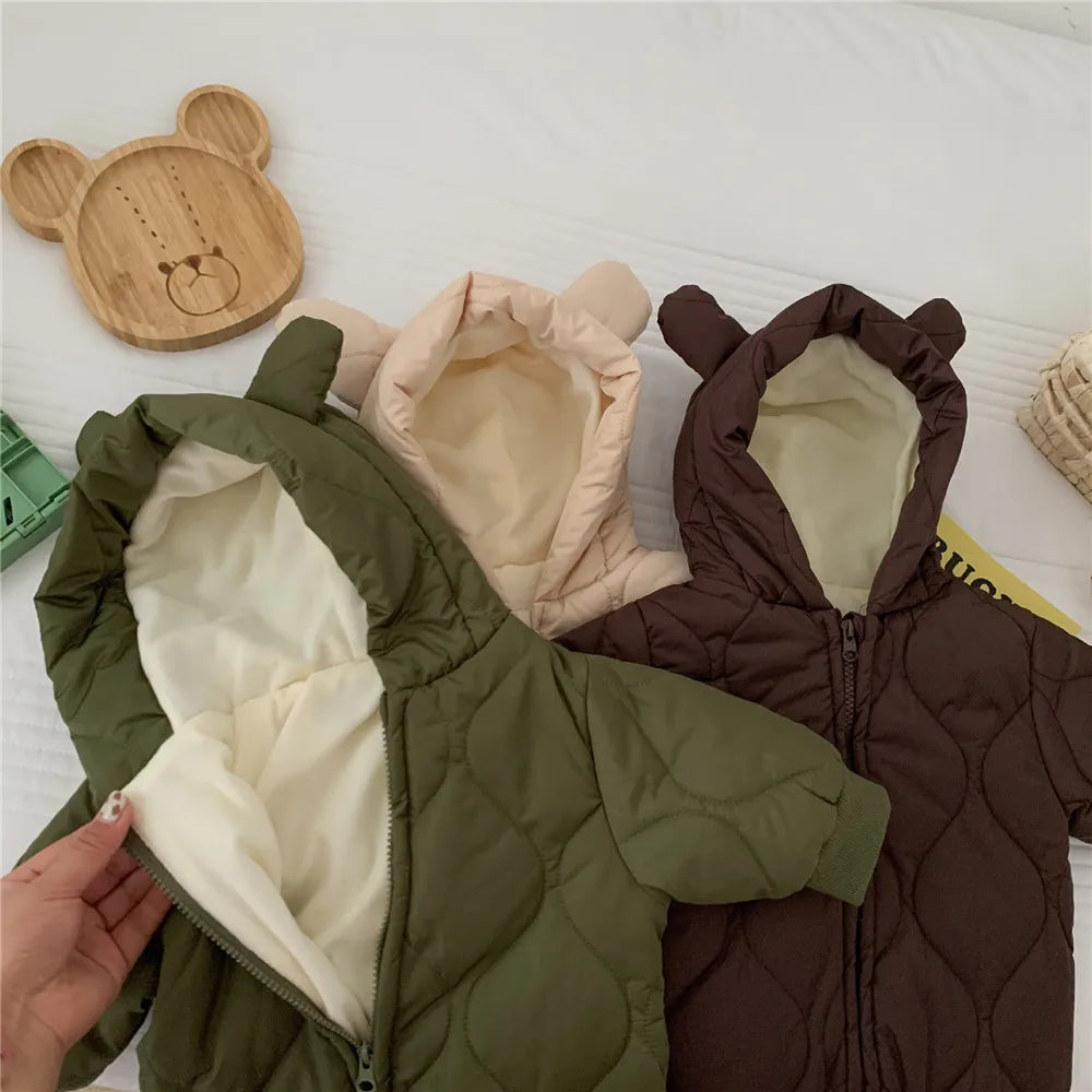 ZAFILLE Winter Thickened Newborn Playsuits Plush Overalls For Children's Clothing Hooded Outwear Solid Warm Toddler Baby Clothes