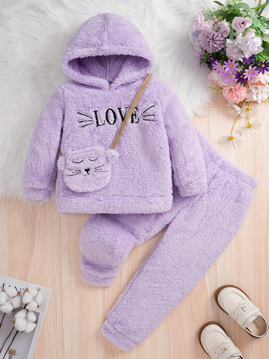 3 Pcs LOVE Embroidered Teddy Long Sleeve Top + Pants With Bag Co-ords Set For Casual Outings, Girls Winter/Fall Outfit Clothes