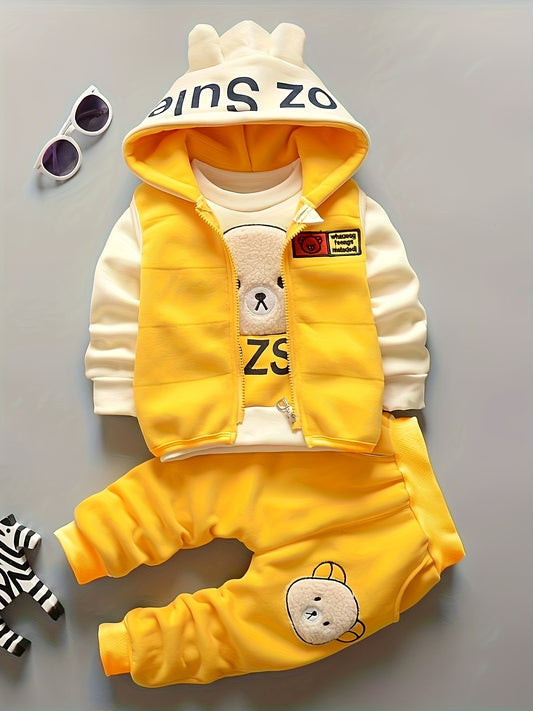 Winter Toddler Kid Girls Cartoon Bear Double-sided Velvet Hooded Coat + Sweatshirt + Pants Three-piece Set, Autumn And Winter Children's Set, Thick With Hat Casual Set