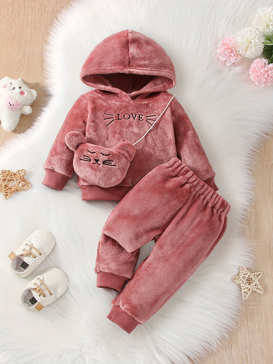 2-piece Baby's LOVE Embroidery Warm Fuzzy Hoodie + Cute Bear Bag + Casual Pants, Toddler & Infant Girl's Clothing Set For Fall Winter