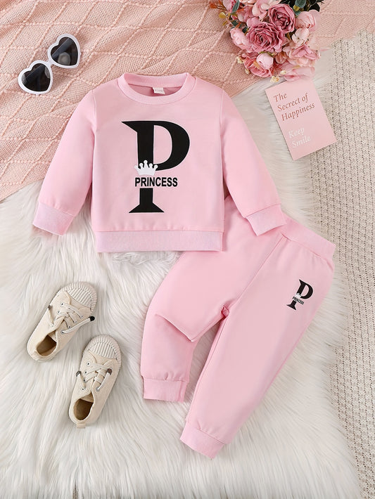 Princess Letter Print Baby Girl's Two-piece Set, Long Sleeve Sweatshirt With Solid Color Sweatpants, Casual Comfortable Versatile Winter Outfits For Daily Wear & Outdoor Sports