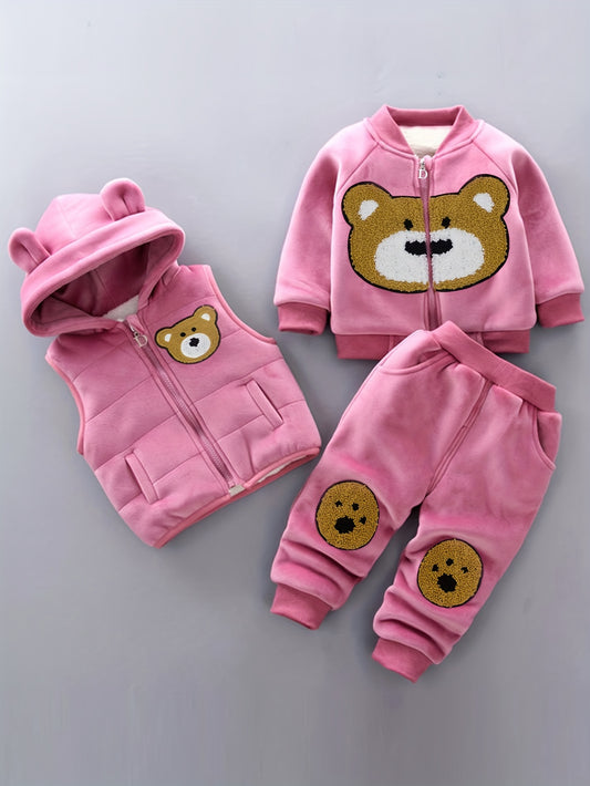 Baby's Bear Patchwork 3pcs Warm Fall Winter Outfit, Hooded Vest & Bomb Jacket & Pants Set, Toddler & Infant Girl's Clothes For Daily Outdoor